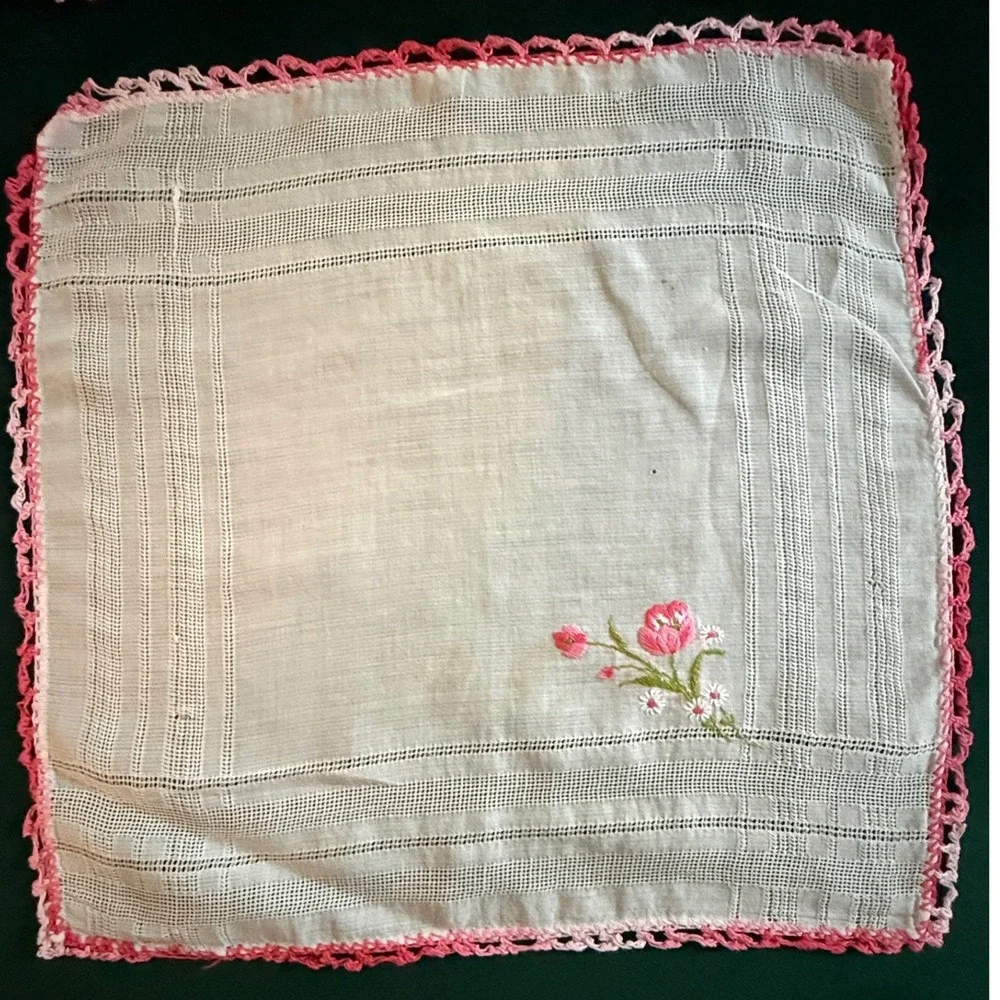 Vintage‎ Floral Handkerchief Set Pink White Lace Embroidered Cotton 3 Piece